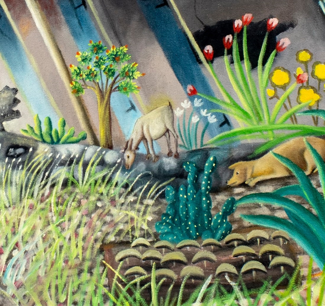 Artwork by Louines Mentor, Haitian Village Landscape with Animals, Made of oil on canvas