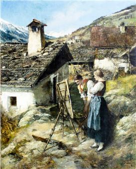 Alpine Village Landscape with Peasant Women - Ferdinand Leeke