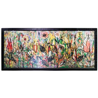 A wild natural scene with florals, birds, and abstract motifs in a bright color scheme - Denis Nunez