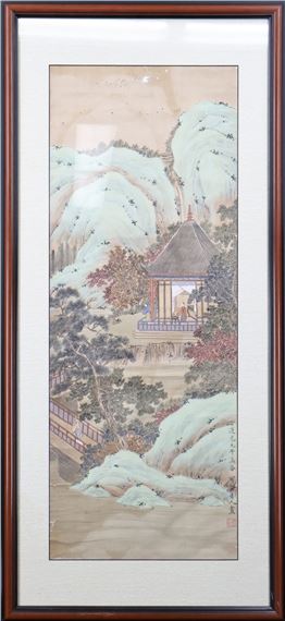 Figures within an indoor setting in the mountains by Chinese School