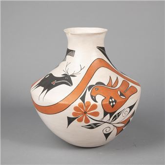 Polychrome Pot with Birds and Heartline Deer - Goldie Hayah