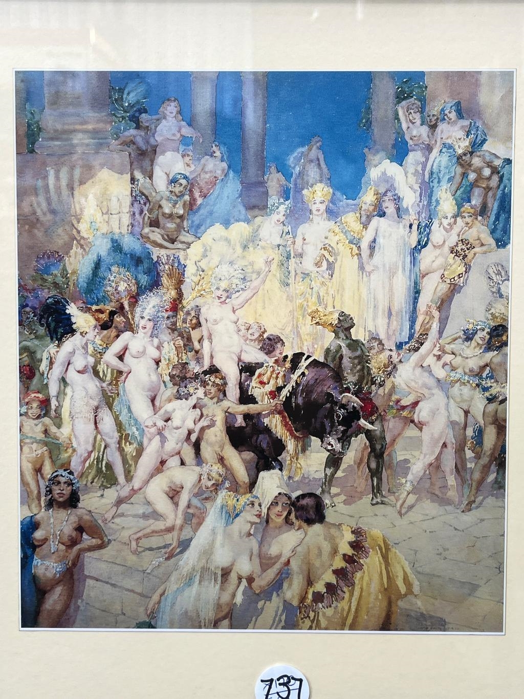 Artwork by Norman Lindsay, NORMAN LINDSAY GOLD & BLACK FRAMED PRINT - THE PILLARS OF CRETE, Made of gold & black