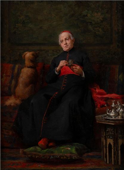 A formal portrait of a robed figure seated with a dog, rendered in rich, dark tones.