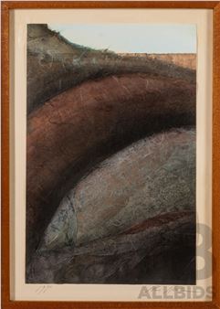 An abstract composition featuring layered curved forms in earthy tones against a muted background.