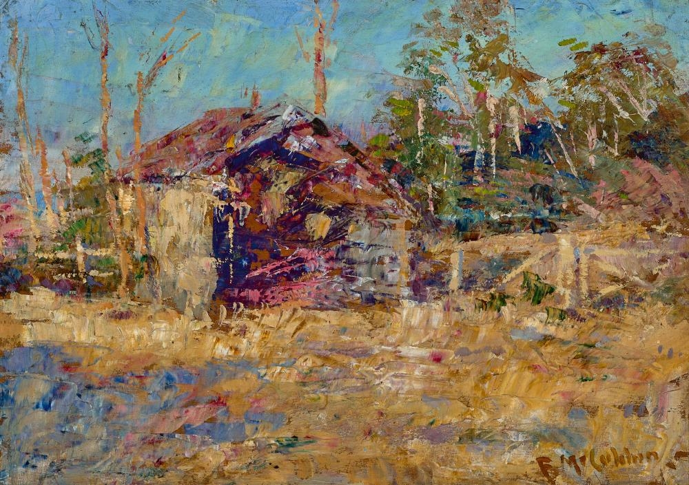 Artwork by Frederick McCubbin, Bush farm, Made of oil on wood panel