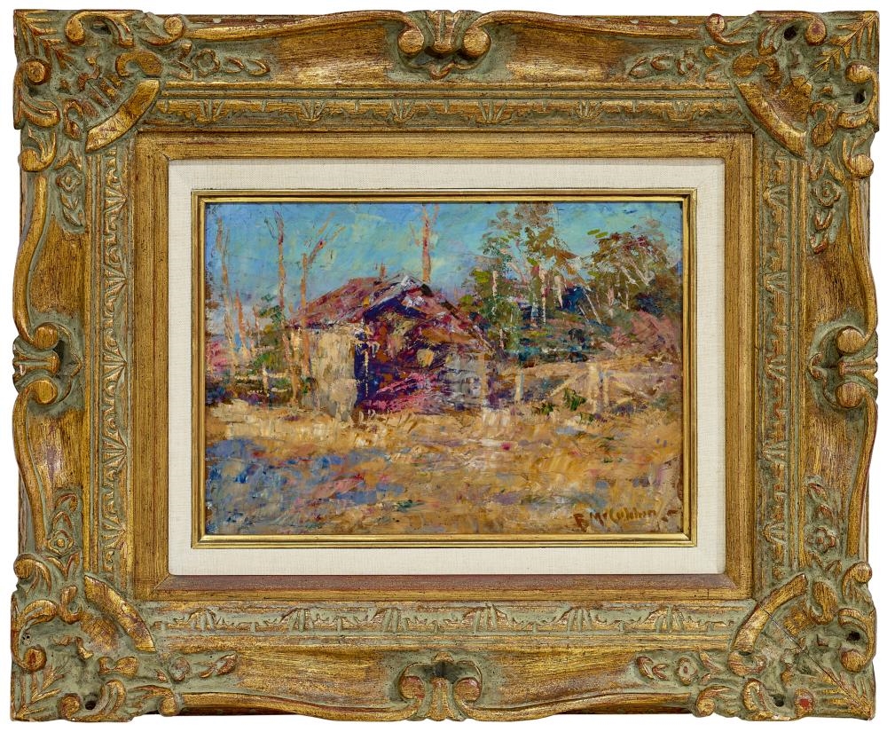 Artwork by Frederick McCubbin, Bush farm, Made of oil on wood panel