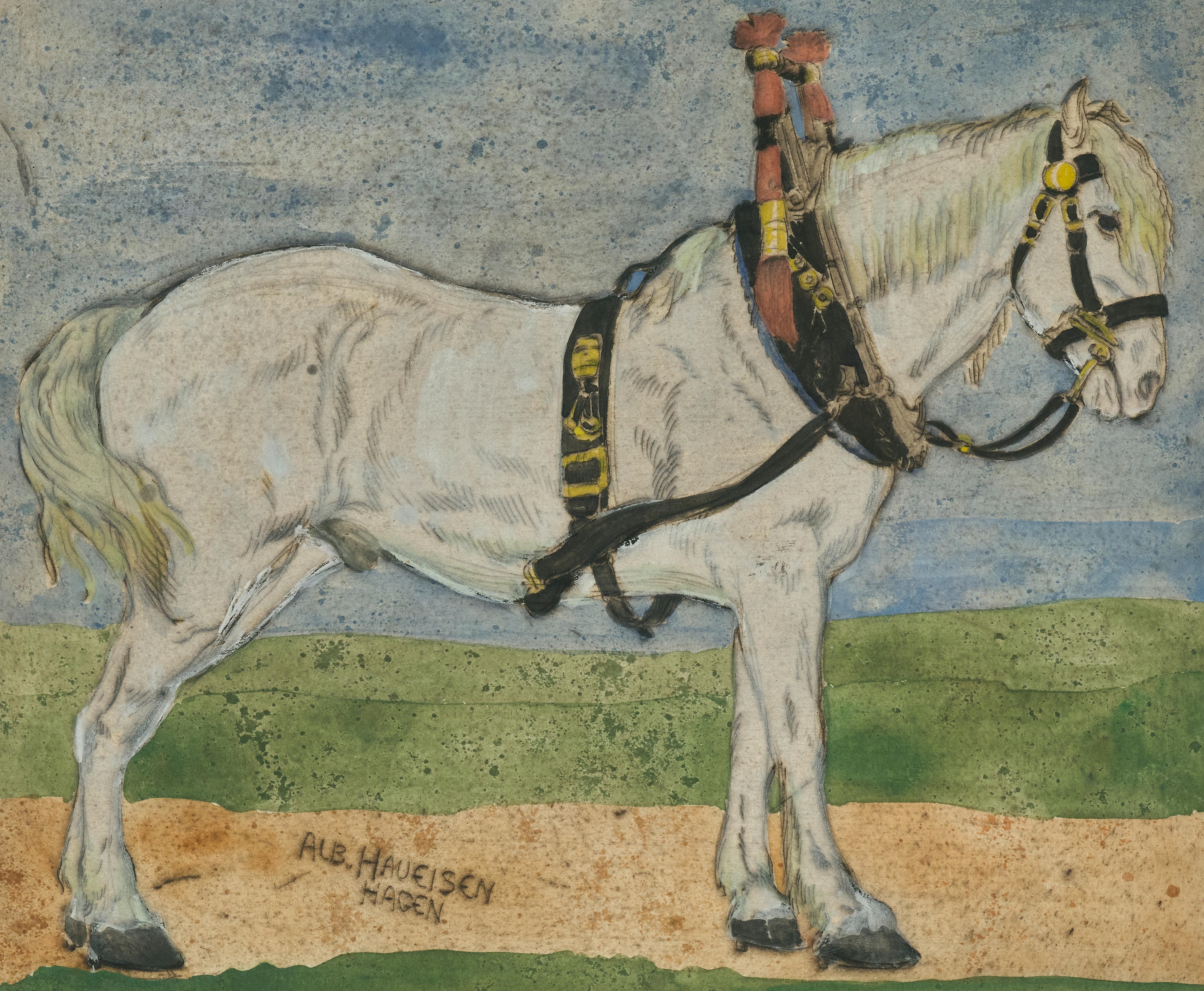 Artwork by Albert Haueisen, Schwarzes Zugpferd im Geschirr, Made of colored etching