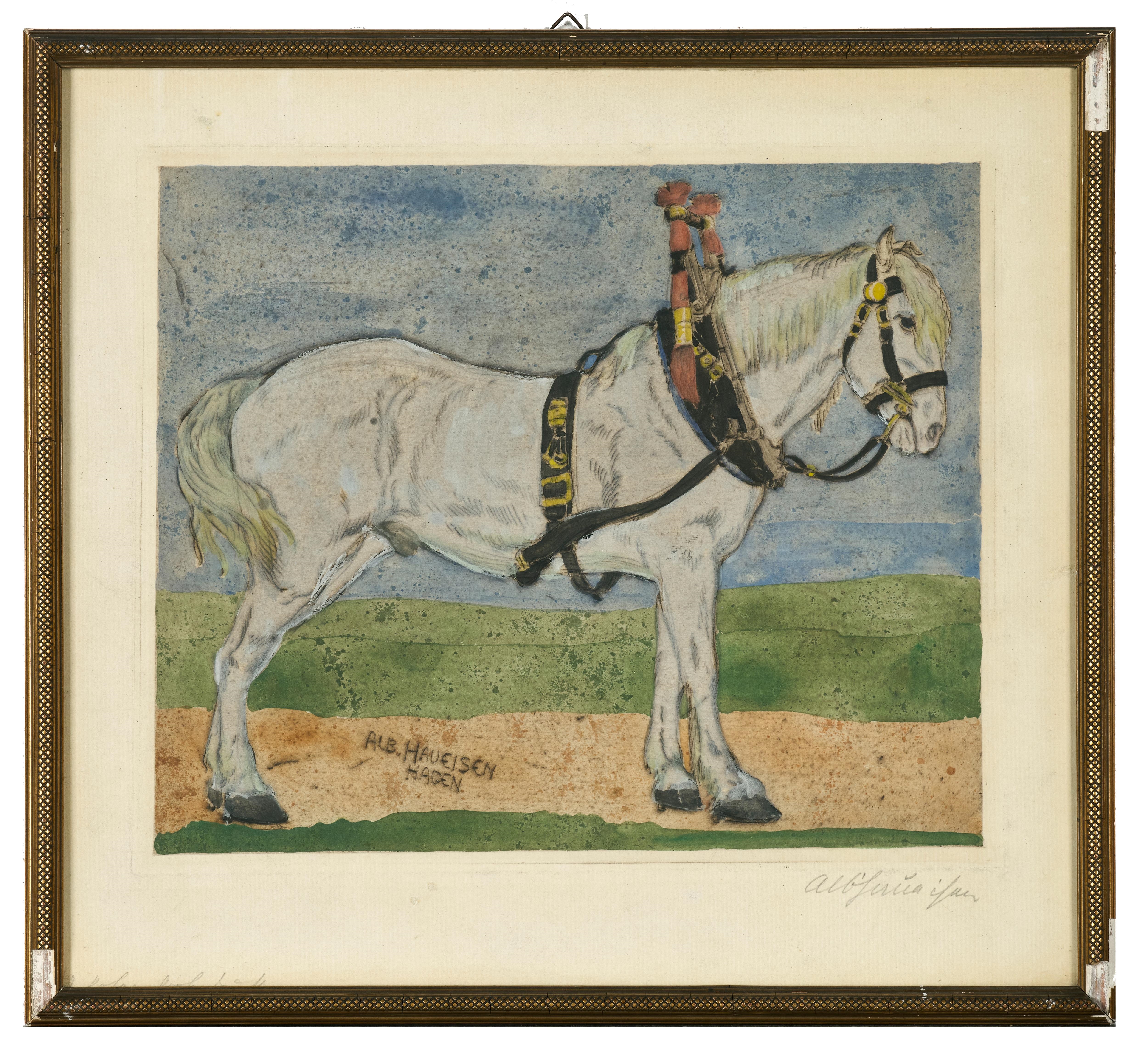 Artwork by Albert Haueisen, Schwarzes Zugpferd im Geschirr, Made of colored etching