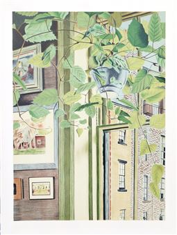 A botanical print featuring a hanging plant with lush green leaves against an urban interior backdrop.