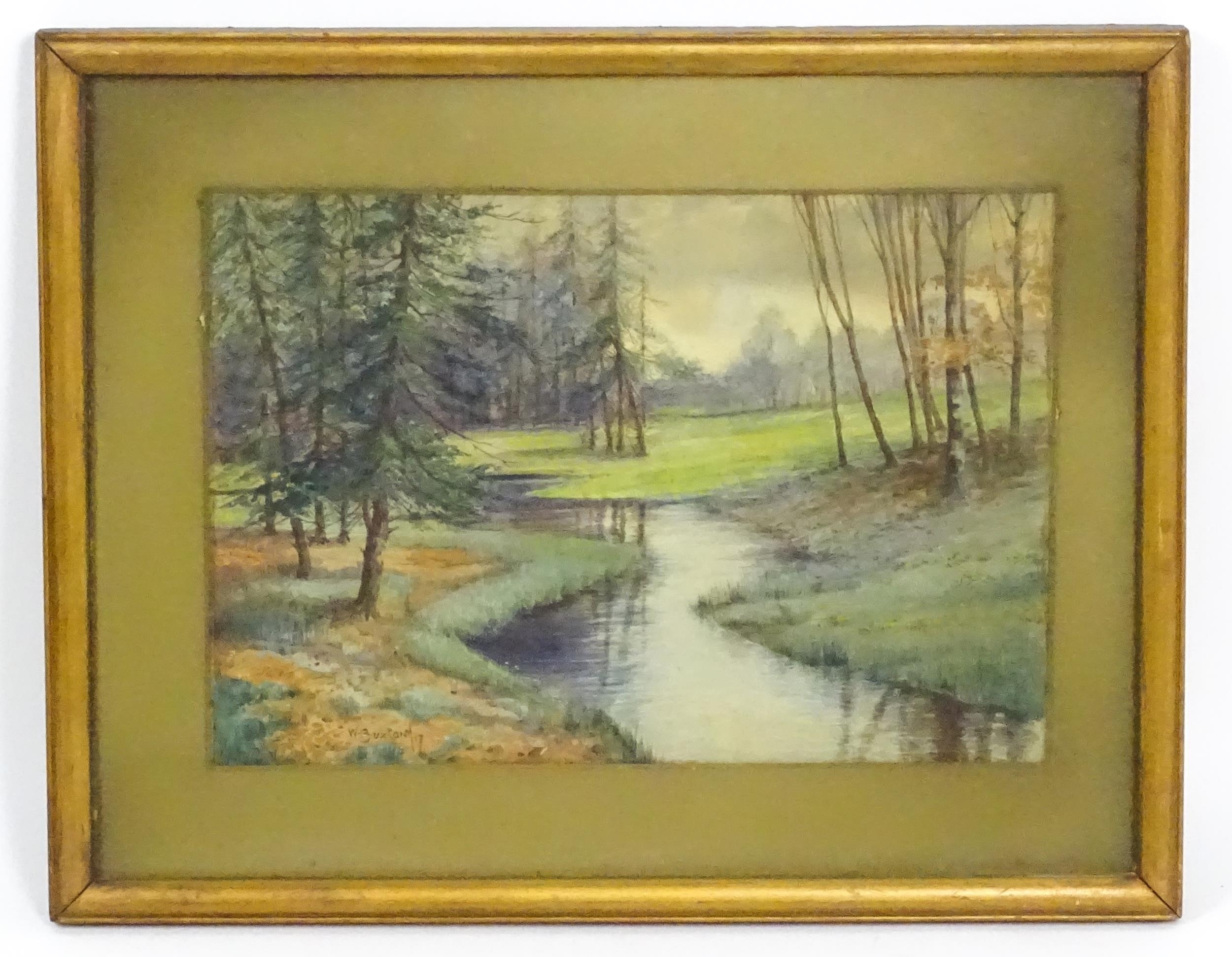Artwork by W. Buxton, A wooded park scene with a stream, Made of Watercolour
