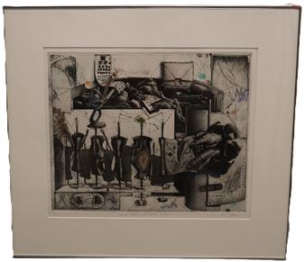 A black and white drawing of a room with a bunch of items.