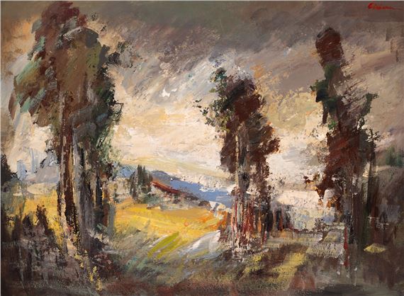 A landscape painting featuring tall trees and a distant house under a cloudy sky.