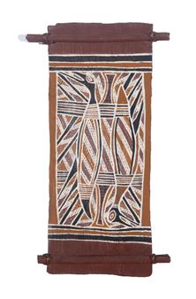 A vertical textile featuring a symmetrical geometric pattern in earth tones.