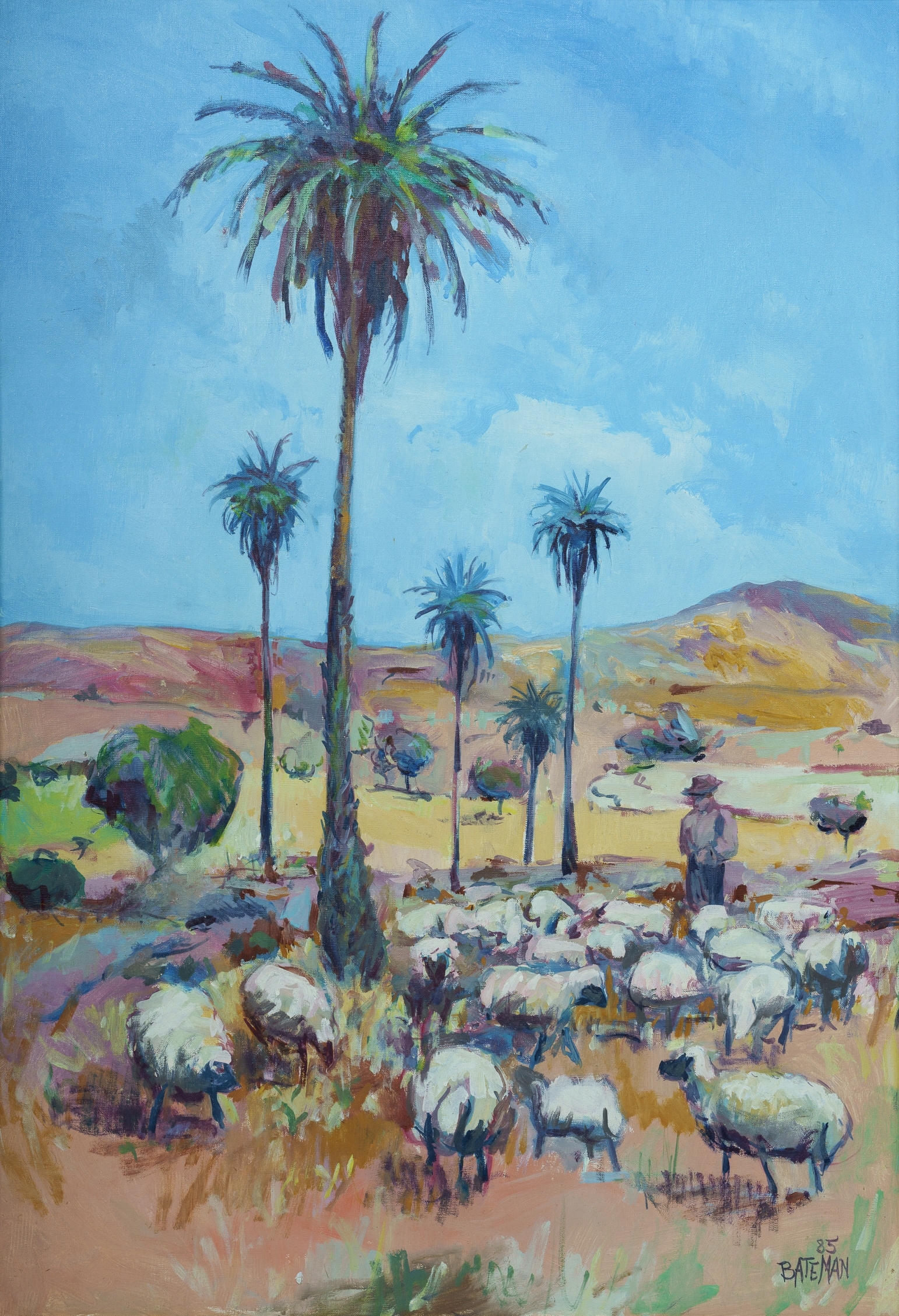 Artwork by Piers Bateman, Shepherd and Palm Trees, Spain, Made of Oil on Canvas on Board