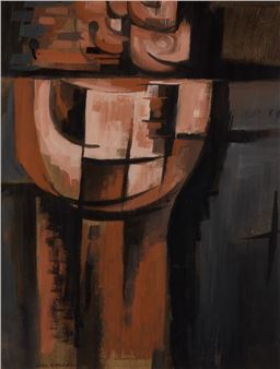 A fragmented portrait of a figure's head and shoulders rendered in earthy tones with bold, angular brushwork.