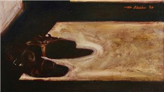 A still life painting of a dark shoe resting on a light-colored floor.