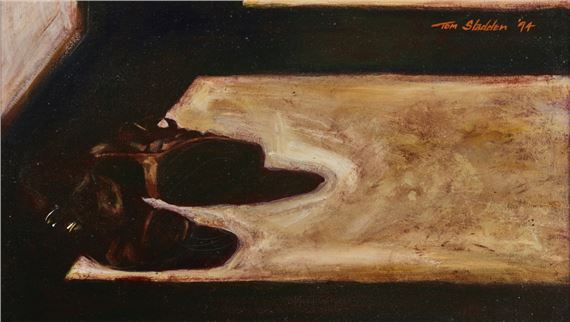 A still life painting of a dark shoe resting on a light-colored floor.