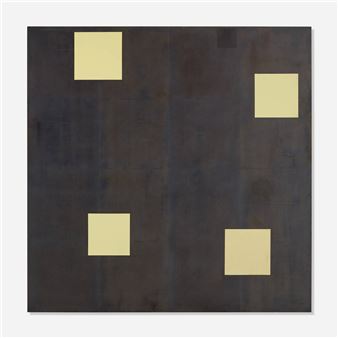 A minimalist abstract composition featuring four light squares on a dark textured background.