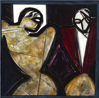 A bold, abstract composition of two stylized figures in a dynamic pose.