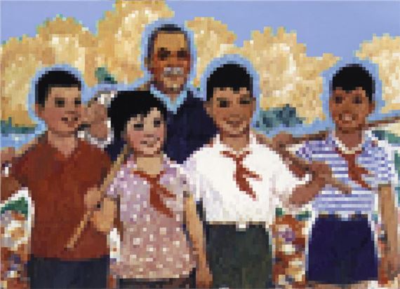 A pixelated group portrait of five figures in a rural setting.