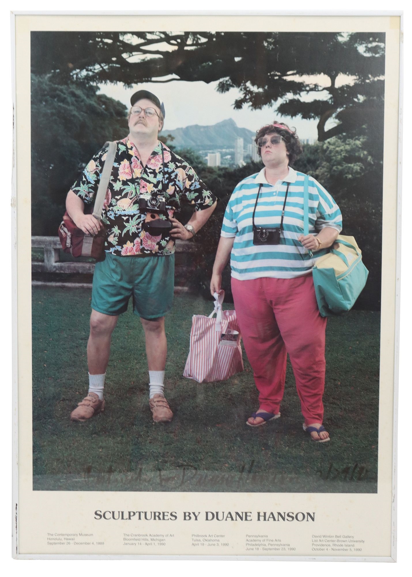 Artwork by Duane Hanson, Two of the artist's stunningly lifelike figures as bored tourists in a tropical paradise, Made of Poster