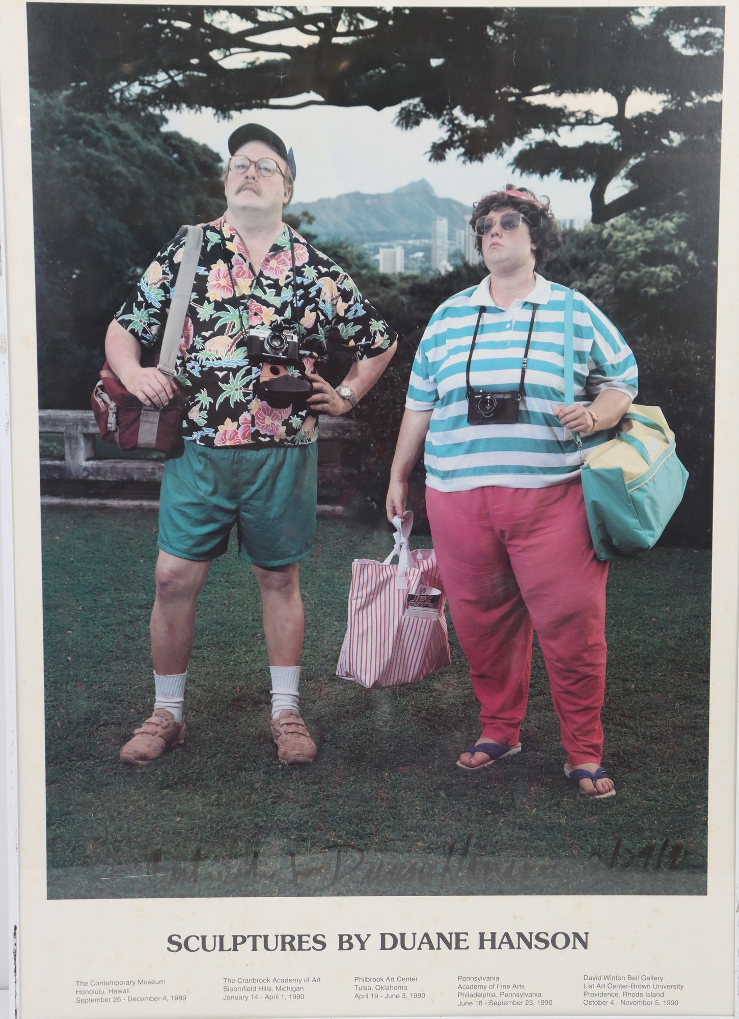 Artwork by Duane Hanson, Two of the artist's stunningly lifelike figures as bored tourists in a tropical paradise, Made of Poster
