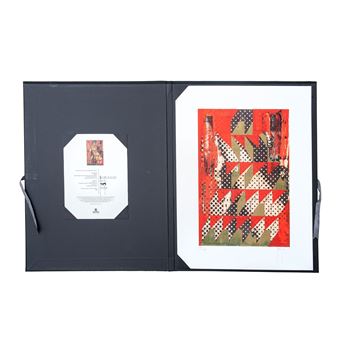 A framed geometric print displayed in an open black presentation folder.