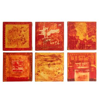 A grid of six square abstract artworks featuring warm earthy tones and textured brushwork.