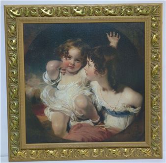 A romanticized portrait of two young figures in a classical painting.