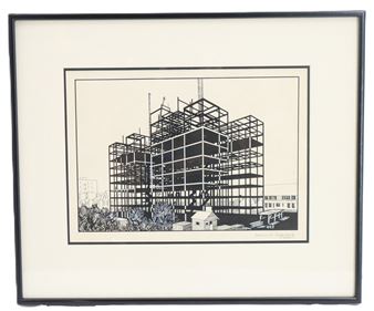 Pen and Ink Illustration of a Construction Site - Osborn C. Segerberg
