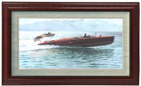 Canvas Print of a 1920's-1930's Hacker Craft Triple Cockpit Runabout and Another Boat on Lake Tahoe - Andrew Bolam