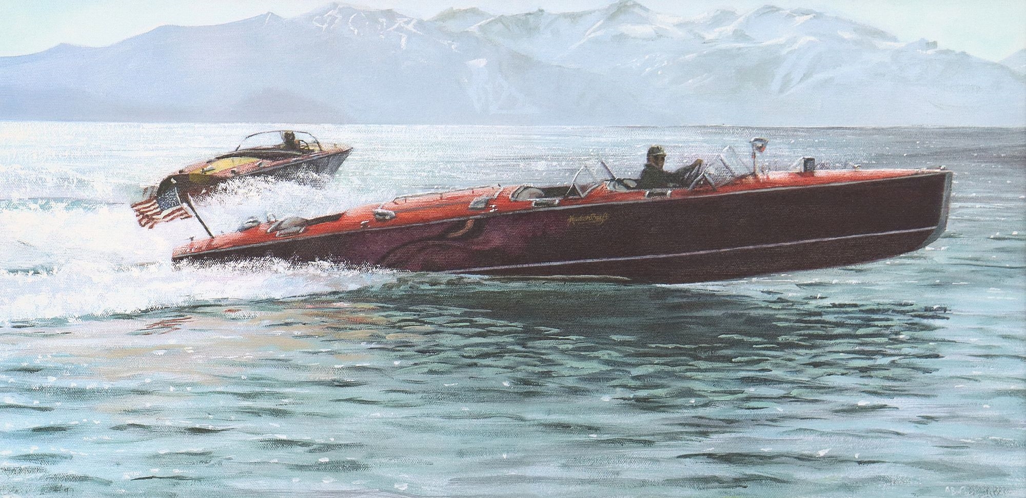 Artwork by Andrew Bolam, Canvas Print of a 1920's-1930's Hacker Craft Triple Cockpit Runabout and Another Boat on Lake Tahoe, Made of Canvas Print