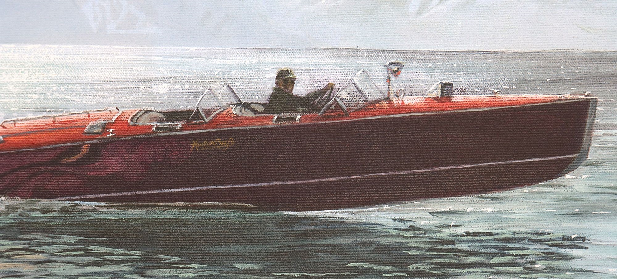 Artwork by Andrew Bolam, Canvas Print of a 1920's-1930's Hacker Craft Triple Cockpit Runabout and Another Boat on Lake Tahoe, Made of Canvas Print