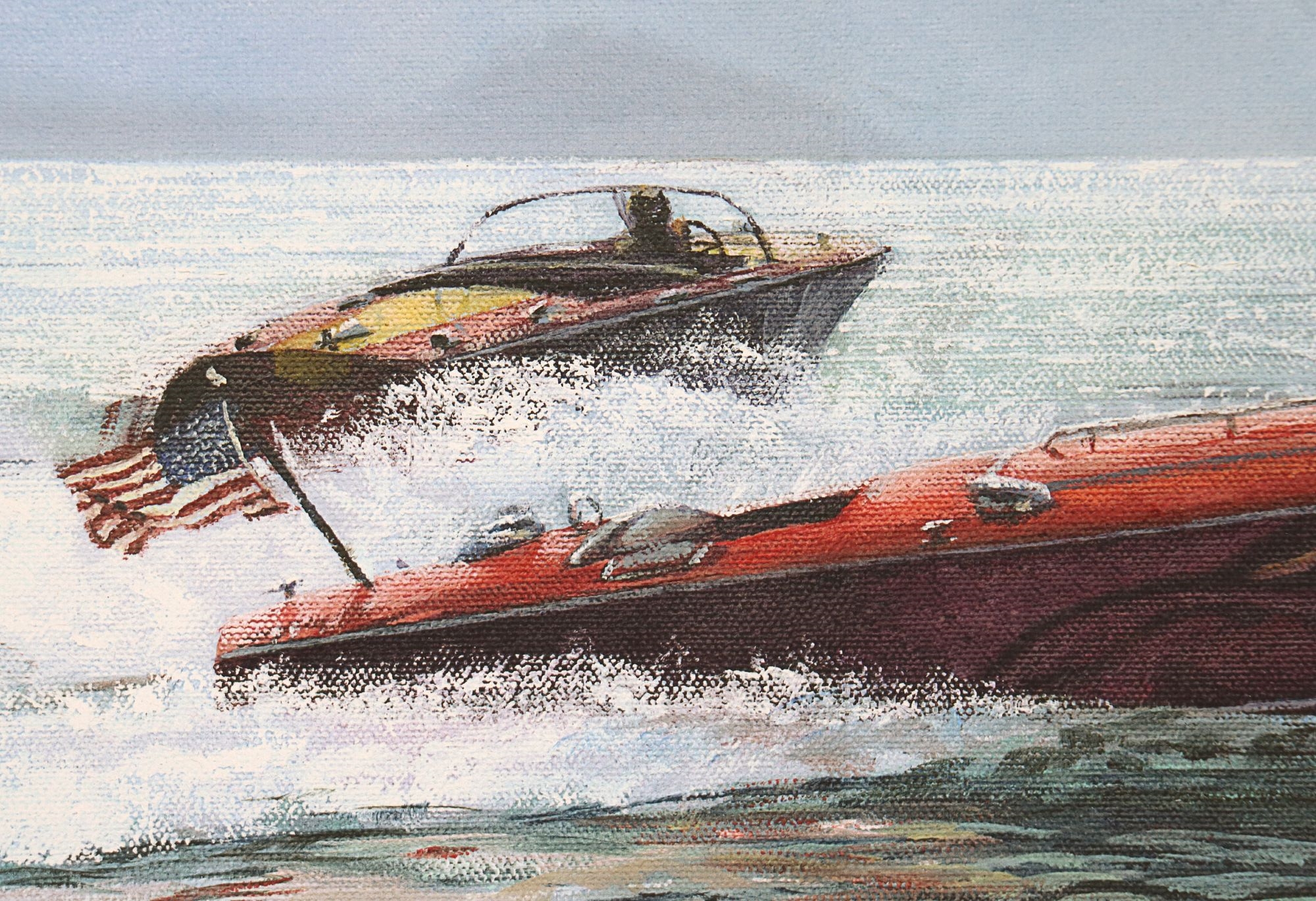 Artwork by Andrew Bolam, Canvas Print of a 1920's-1930's Hacker Craft Triple Cockpit Runabout and Another Boat on Lake Tahoe, Made of Canvas Print