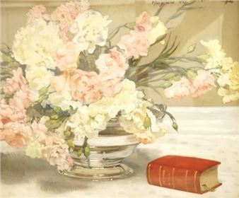 Still life of flowers and a book - Hugues de Beaumont
