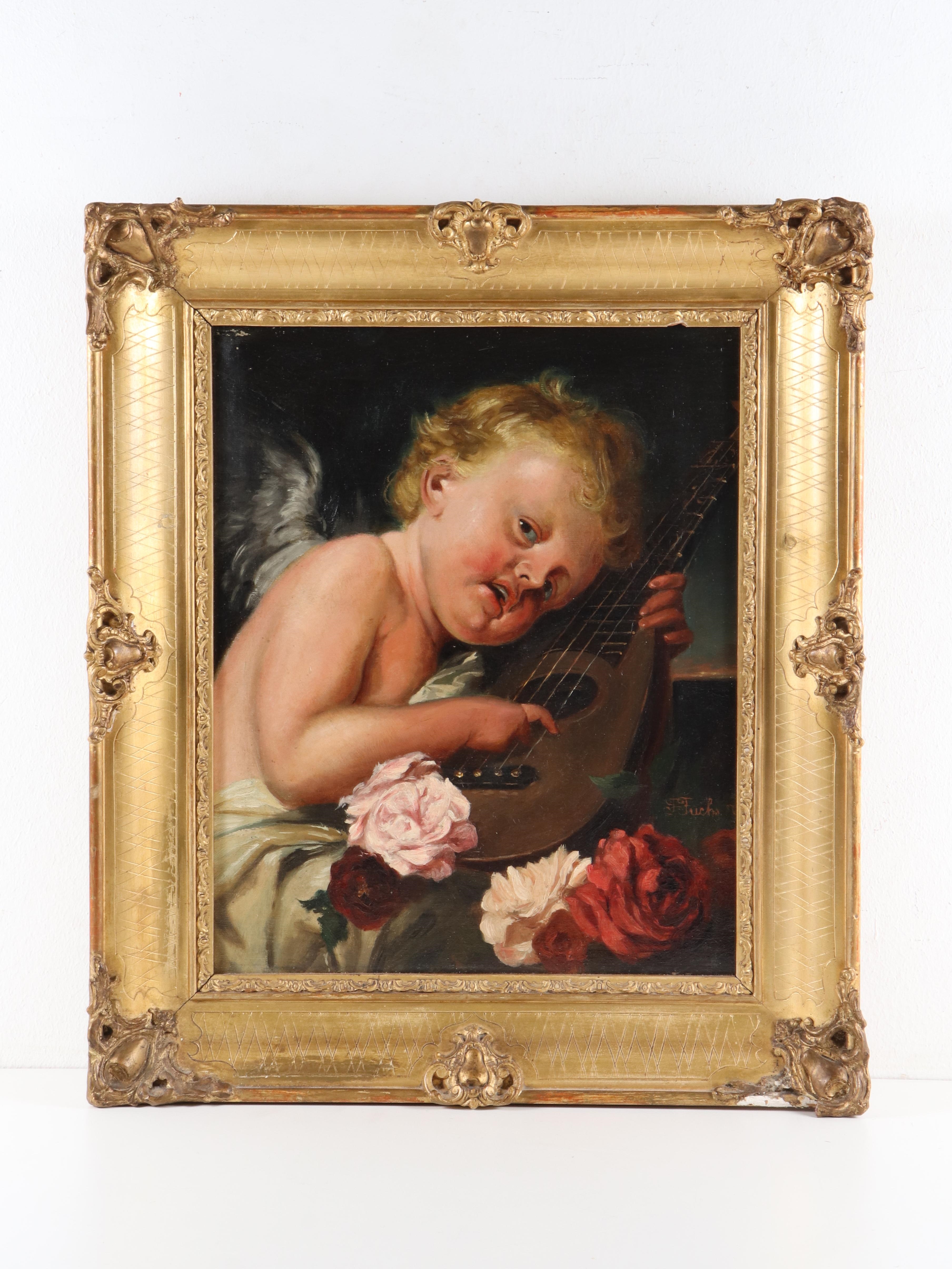 Artwork by F. Fuchs, Putto mit Laute und Rosen, Made of oil on canvas