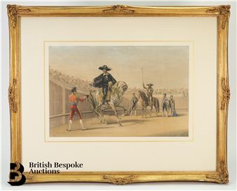 A framed print depicting a bullfighting scene with figures in traditional attire and horses.