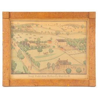 A vintage landscape print of a rural farm scene with rolling hills, scattered buildings, and grazing cattle.