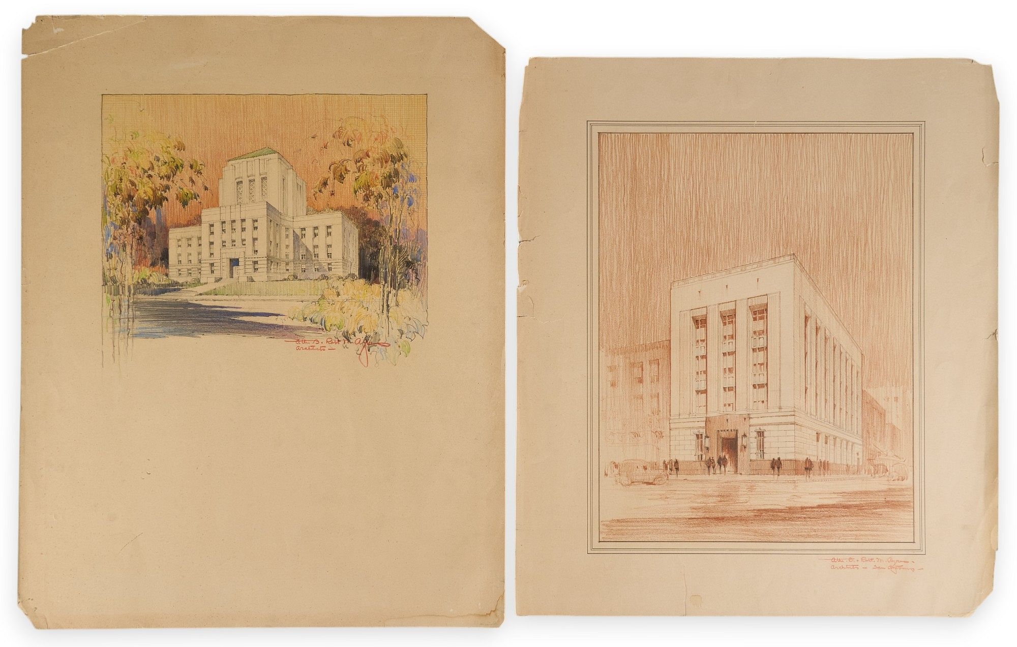 Artwork by Atlee B. Ayres, Texas Courthouse and Corpus Christi Bank, Made of mixed media, red colored pencil