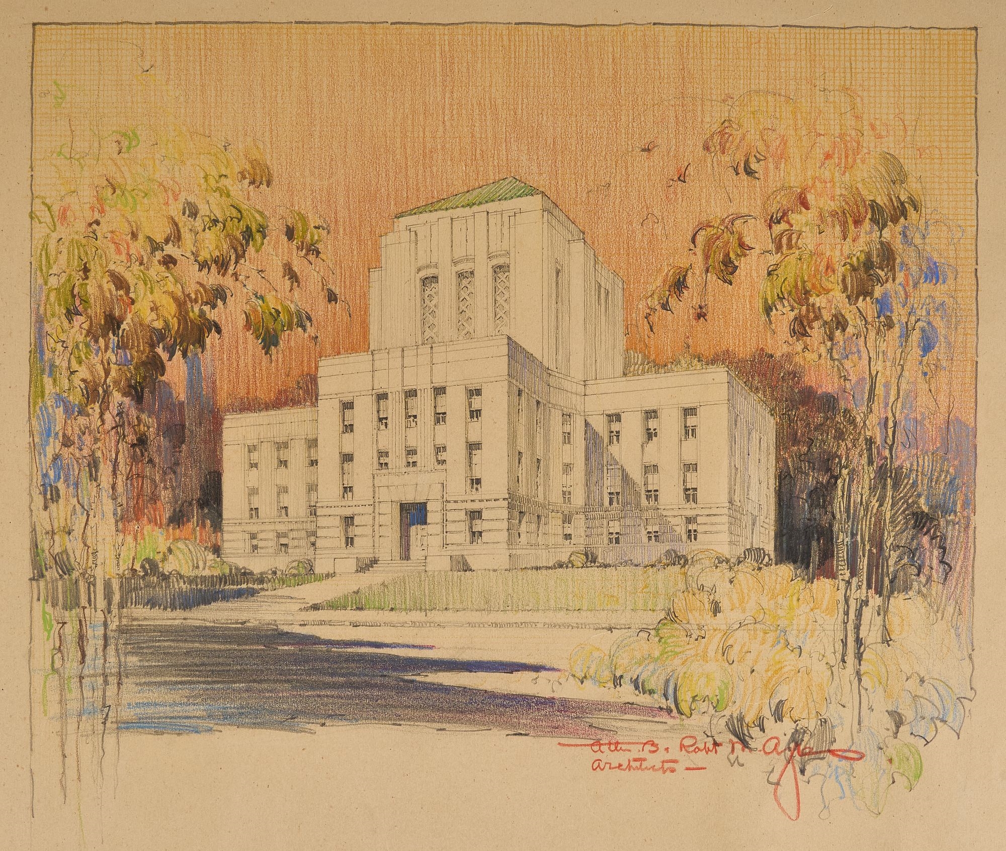 Artwork by Atlee B. Ayres, Texas Courthouse and Corpus Christi Bank, Made of mixed media, red colored pencil