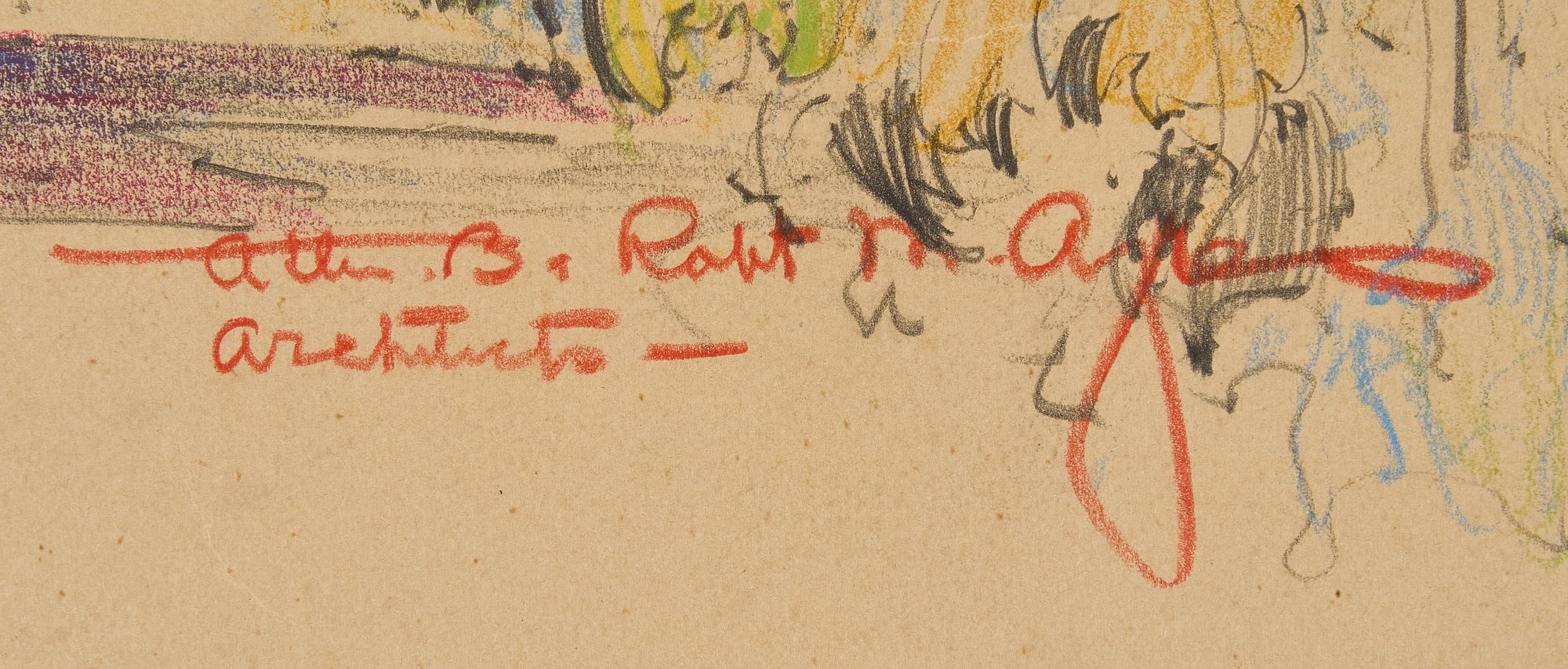 Artwork by Atlee B. Ayres, Texas Courthouse and Corpus Christi Bank, Made of mixed media, red colored pencil