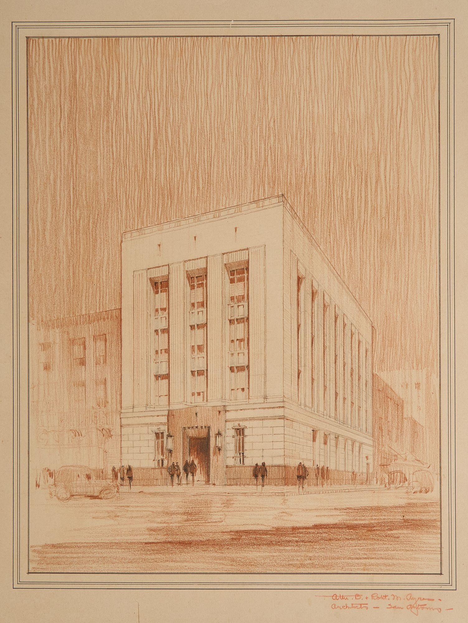Artwork by Atlee B. Ayres, Texas Courthouse and Corpus Christi Bank, Made of mixed media, red colored pencil