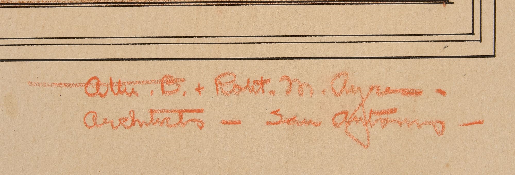 Artwork by Atlee B. Ayres, Texas Courthouse and Corpus Christi Bank, Made of mixed media, red colored pencil