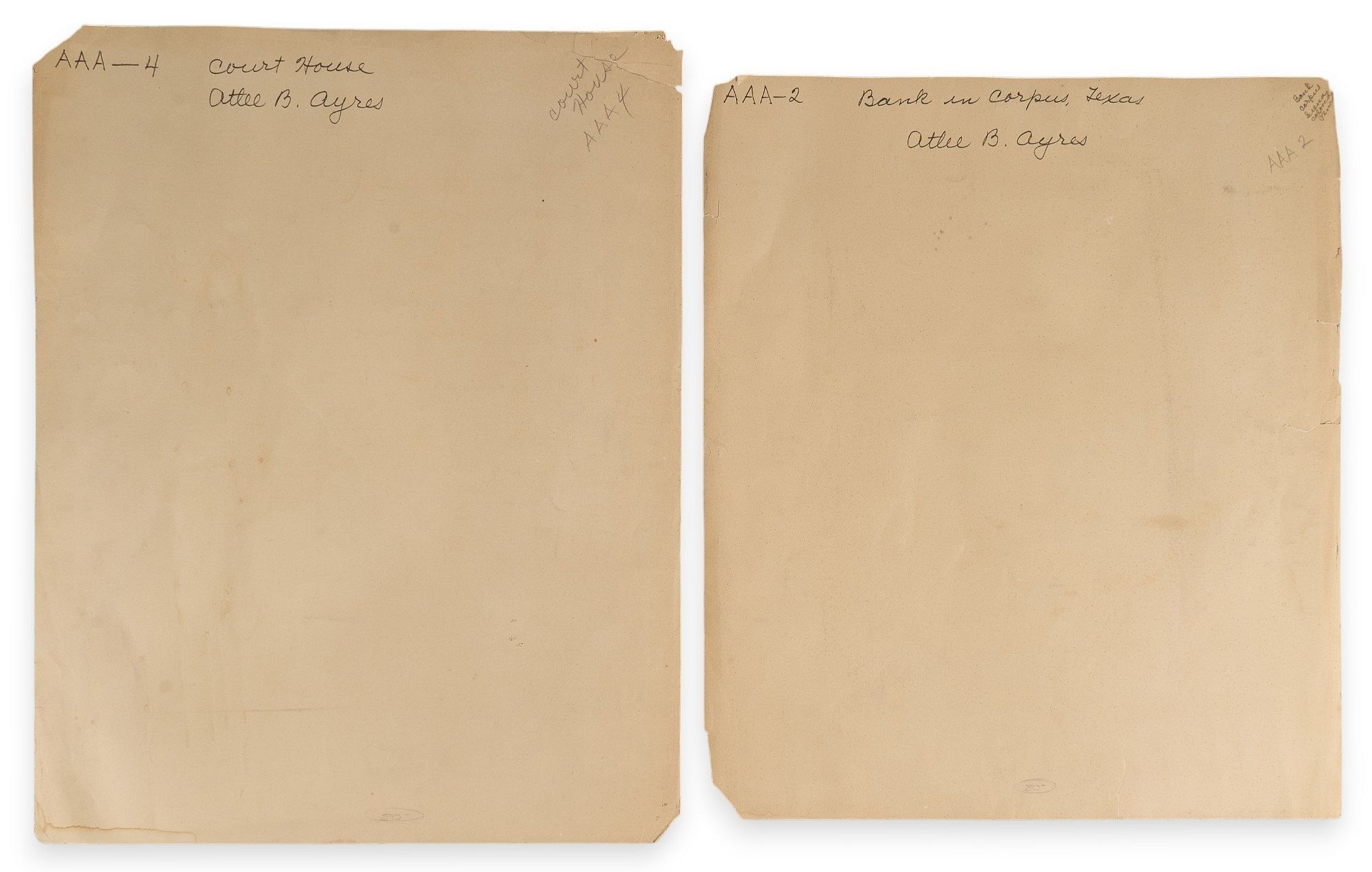 Artwork by Atlee B. Ayres, Texas Courthouse and Corpus Christi Bank, Made of mixed media, red colored pencil