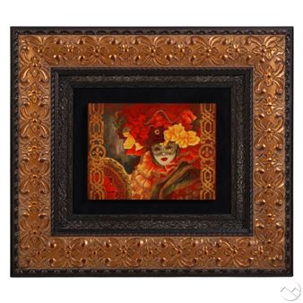 A masked figure in a richly ornate frame adorned with floral and geometric patterns.