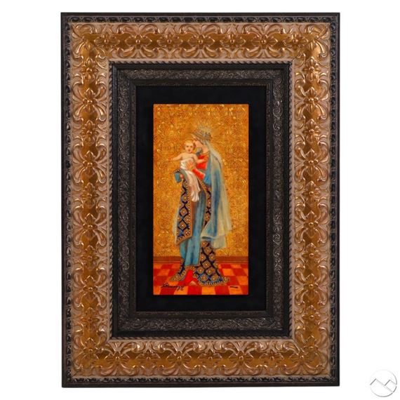 A framed religious painting of a crowned figure holding a child against a golden background.