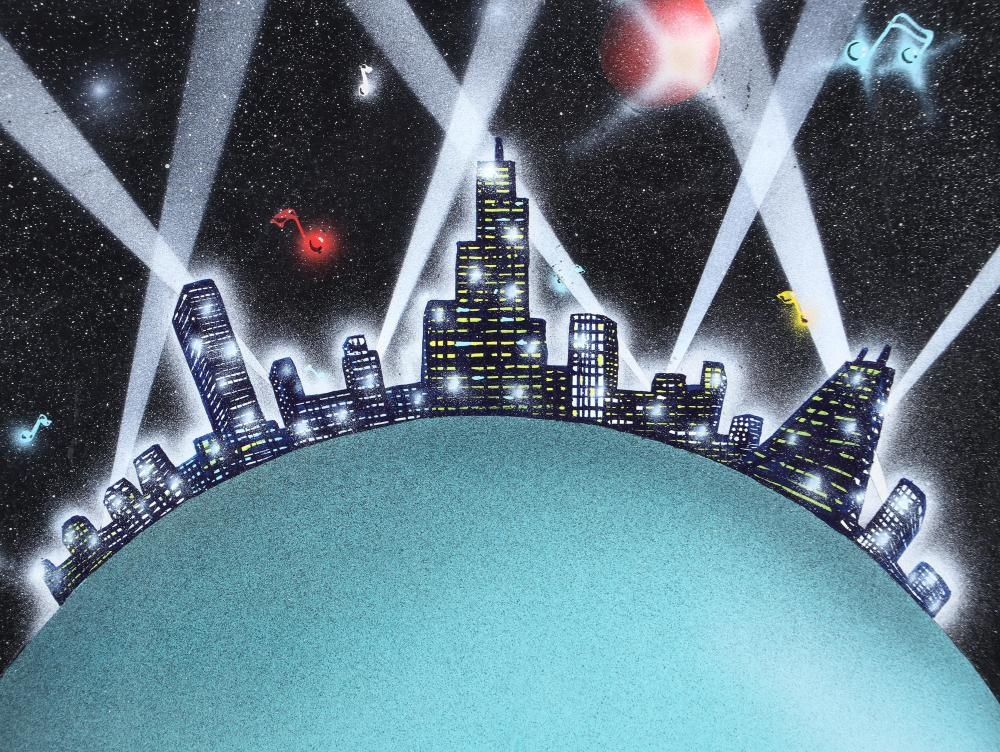 Artwork by E. Salem Krieger, Untitled (Globe with City Skyline and Music Notes, Made of acrylic airbrush