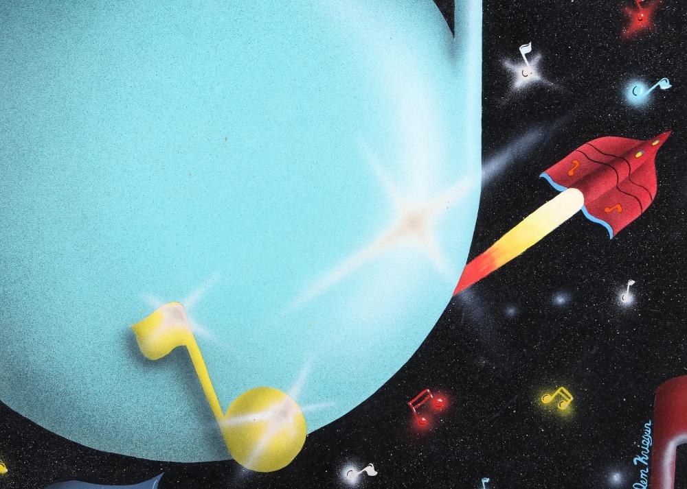 Artwork by E. Salem Krieger, Untitled (Globe with City Skyline and Music Notes, Made of acrylic airbrush