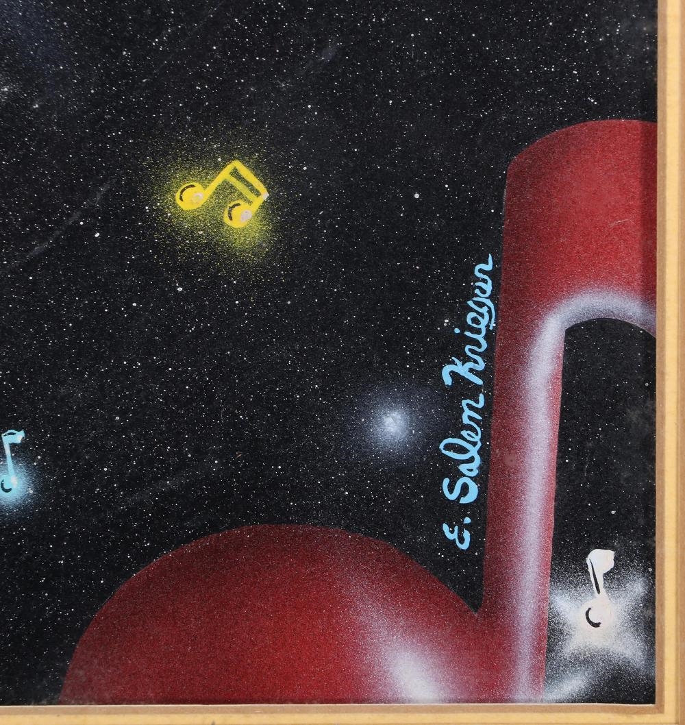 Artwork by E. Salem Krieger, Untitled (Globe with City Skyline and Music Notes, Made of acrylic airbrush