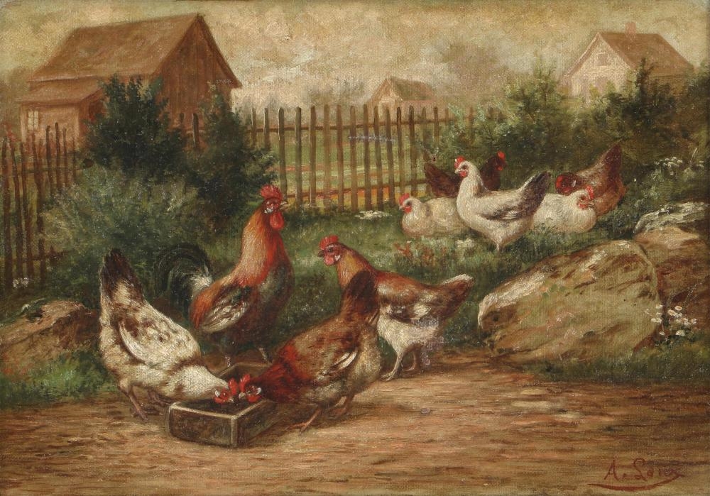 August Laux | Roosters and Hens in a Farmyard | MutualArt